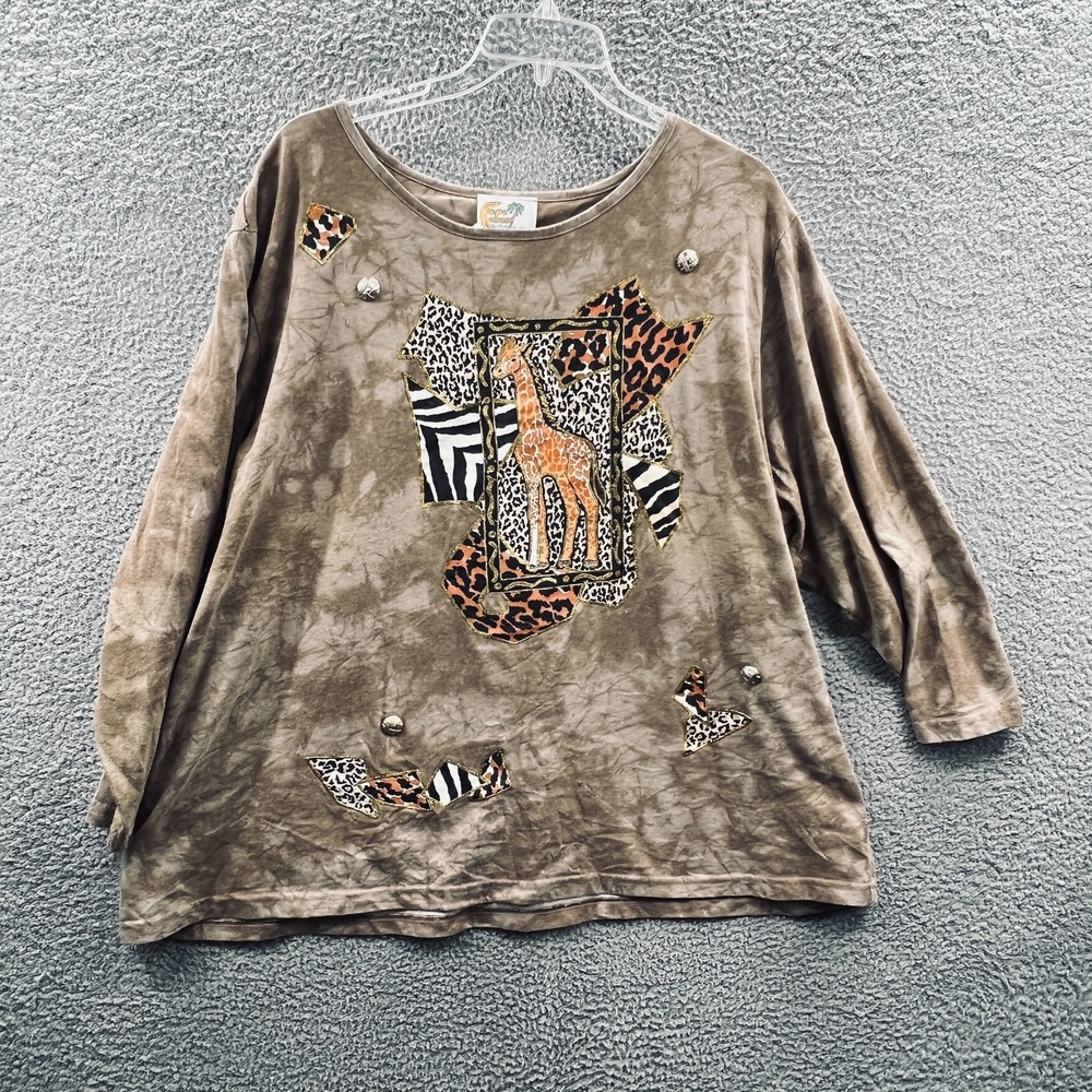 Copa Cabana Womens Top 3X Brown Animal Print Giraffe Safari Jungle Boho USA‎